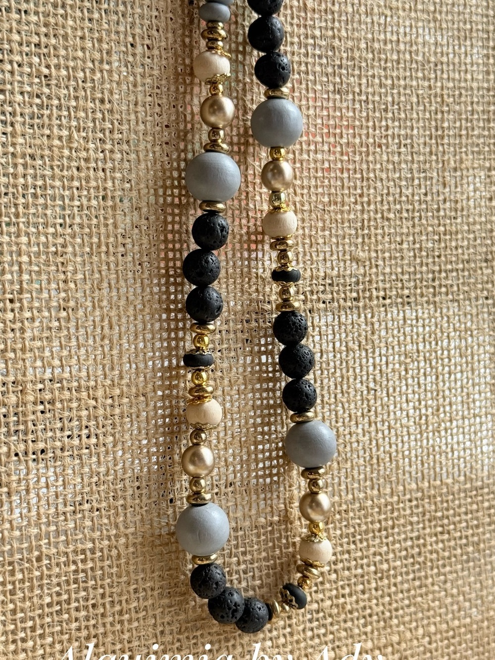 Gray, Black lava & Gold Mixed-Bead Necklace